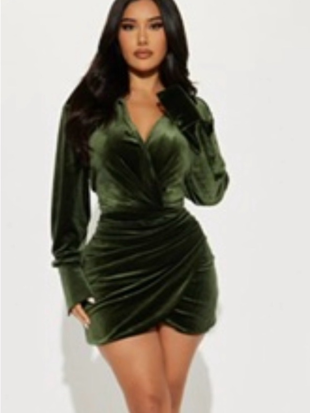 FASHION NOVA Olive Velvet Wrap Ruched Mini Dress|XS